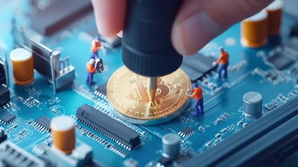青い背景に金色のビットコインとミニチュア作業員が配置されたマイクロチップのクローズアップショット