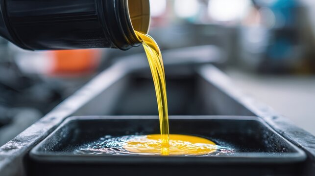 Close-up of a hand pouring motor oil into a car engine during maintenance in a garage setting