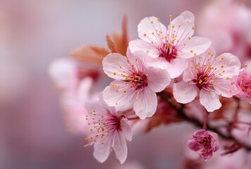 Fototapeta premium Close-up of delicate pink cherry blossoms blooming on a branch with soft background