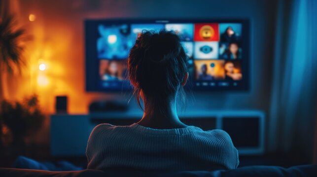 Woman watching TV in living room at night.