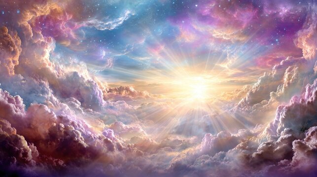 Radiant sun bursts through vibrant clouds