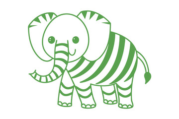 Cute green striped cartoon elephant stands peacefully in simple outline against white background