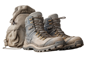 Durable hiking boots and rugged backpack for adventure and outdoor exploration enthusiasts gear on transparent background