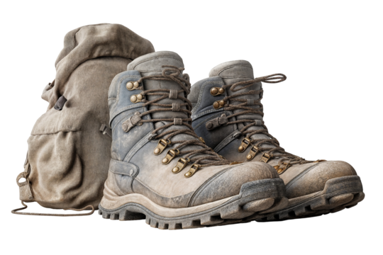 Durable hiking boots and rugged backpack for adventure and outdoor exploration enthusiasts gear on transparent background
