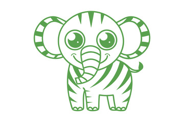 A simple, sweet elephant outlined in green stands smiling with its striped pattern and cute eyes