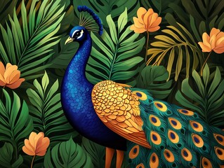 Fototapeta premium A regal peacock in geometric Art Deco style, golden hues, sophisticated vintage elegance