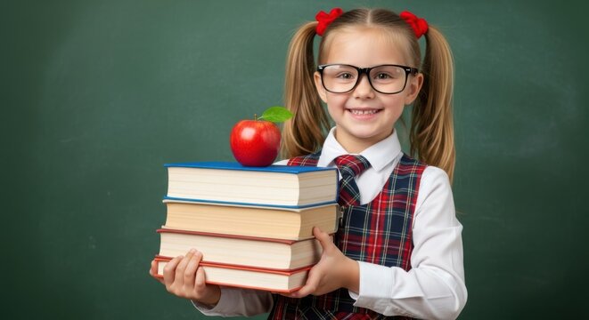 A smiling young schoolgirl with glasses holds a stack of books and a red apple in front of a green chalkboard, ready for learning - Powered by Adobe