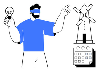 Man wearing VR headset holding light bulb while pointing at windmill beside a calendar. Ideal for innovation, sustainability, renewable energy, technology, virtual reality, planning, creative
