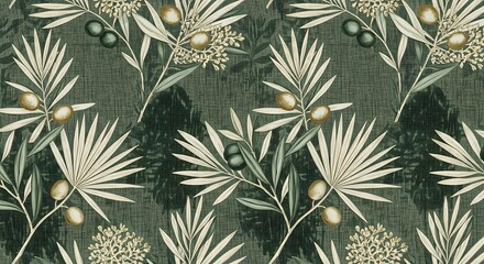 Ai generated image of olive branch pattern with leaves and fruit on textured fabric