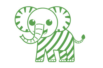 A cheerful green elephant with stripes and big eyes stands on a white backdrop