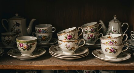 Dusty shelf displays vintage tea sets featuring floral patterns on porcelain teacups saucers and teapots in dim lighting