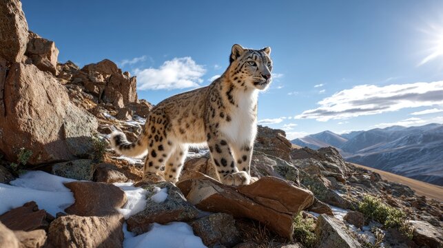 snow leopard poised on a rugged rocky mountain slope under a clear, bright blue sky