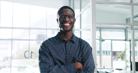 Portrait, business and black man with arms crossed, smile and confident personality with news reporter. African person, professional and journalist in office, pride and career ambition with editor