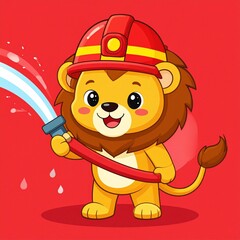 Fototapeta premium A cheerful lion cub, dressed in a firefighter's helmet, holds a water hose, ready to fight a fire.