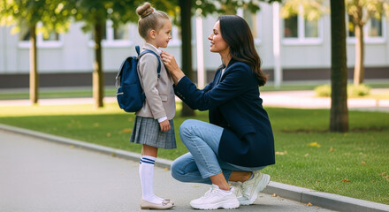Caring mother adjusting her little daughter's backpack outside before school, sharing a warm and loving moment