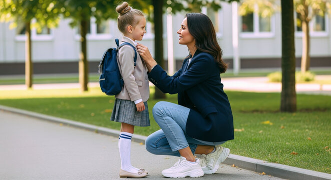 Caring mother adjusting her little daughter's backpack outside before school, sharing a warm and loving moment - Powered by Adobe