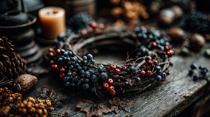 Fototapeta premium Rustic wreath with dark berries