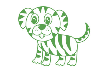Adorable green line art tiger cub stands playfully on white background