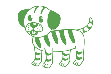 Cheerful cartoon dog with green stripes appears playful and friendly on the blank background