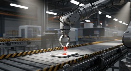 Robotic arm puts pill on the conveyor. 