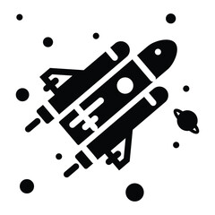 Rocket Flying Through Outer Space in Solid Black Icon.