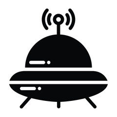 UFO Spaceship with Antenna in Solid Black Icon.