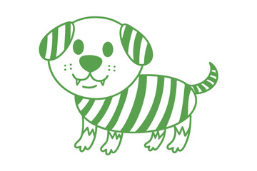 A playful green striped puppy stands cheerfully on a white backdrop, presenting small fangs