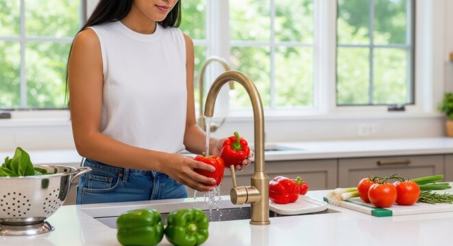 A woman in a bright kitchen washes fresh red bell peppers under running water at the sink, surrounded by other healthy vegetables like tomatoes and asparagus