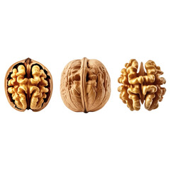 Three walnuts arranged horizontally on transparent background