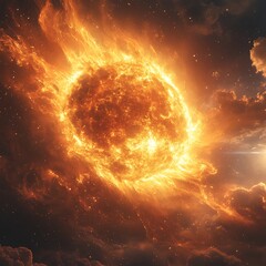 Fototapeta premium A stunning artistic photo depicting a fiery sun surrounded by cosmic clouds in space