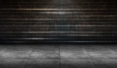 3D Rendering abstract background of an empty blue dark room. Empty walls neon light smoke glow