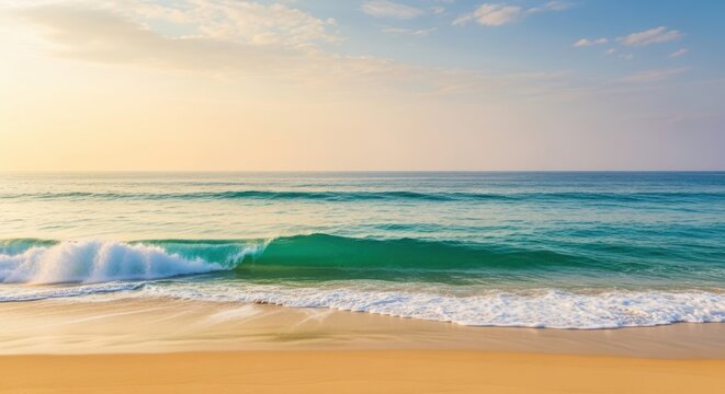 Gentle ocean wave breaks on a golden sand beach under a soft blue sky with warm sunlight creating a serene and beautiful tropical paradise scene - Powered by Adobe