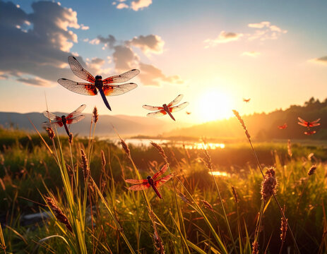 赤とんぼの群れ 秋 ススキ 夕暮れ-red dragonfly / autumn / silver grass / evening / Generated image-