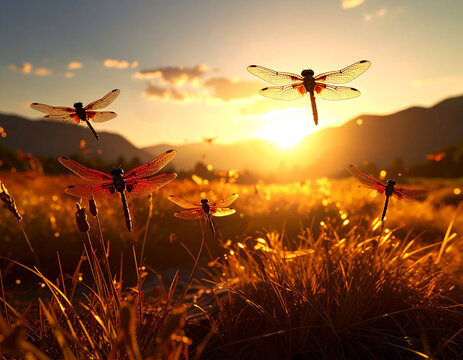 赤とんぼの群れ 秋 ススキ 夕暮れ-red dragonfly / autumn / silver grass / evening / Generated image-