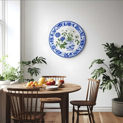 A blue and white porcelain pattern circle hanging on the wall of an apartment dining room a wooden table with chairs in front of it some fruits on one of the chair