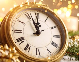 Vintage clock at midnight, festive New Year's Eve