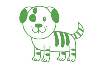 Cute green outlined cartoon puppy poses with spotted head and striped tail calmly