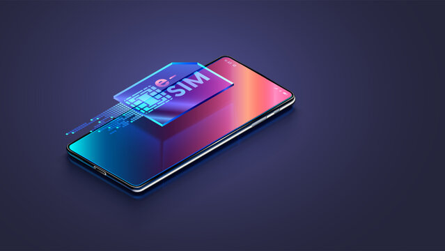 Esim icon over mobile phone in 3d isometric. digital virtual electronic sim card over screen of modern smart phone. Esim technology concept.