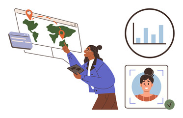 Woman using tablet and interactive map, pinpointing locations. Includes biometric profile verification and data analytics chart. Ideal for technology, analytics, travel, security, navigation