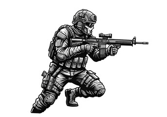 Tactical Soldier in Combat Stance: Monochrome Graphic isolated on transparent background