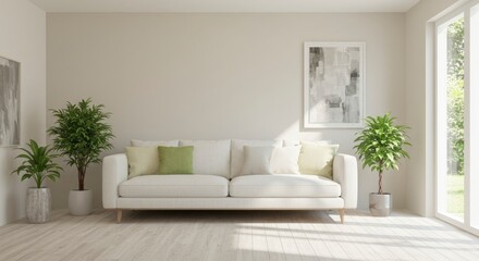 Fototapeta premium Living room scene couch plants art window with light