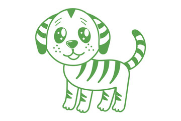 Cute cartoon green dog with stripes cheerfully smiles on a white background