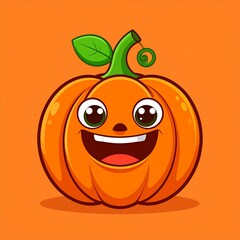 Fototapeta premium A cheerful, cartoon pumpkin with large eyes and a wide smile stands out against a vibrant orange background.