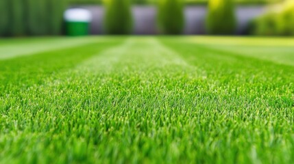 Freshly Mowed Lawn Close up of a freshly mowed lawn with sharp, clean lines, vibrant green grass blades, perfect for lawn care or landscaping themes