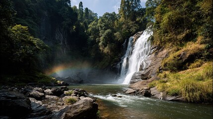 Obraz premium Majestic waterfall cascading down rocky cliff face with rainbow shimmering in mist