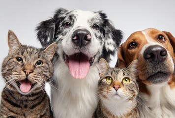 Close-up of a happy group of pets including a smiling dog, a curious cat, and a playful puppy on a plain background