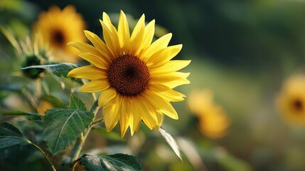 Close up of  bright yellow sunflower with  dark brown center surrounded by green leaves and  softly blurred background of other sunflowers and foliage
