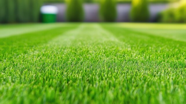 Freshly Mowed Lawn Close up of a freshly mowed lawn with sharp, clean lines, vibrant green grass blades, perfect for lawn care or landscaping themes