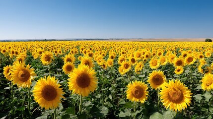 Obraz premium Vast field of vibrant yellow sunflowers under clear blue sky on sunny day