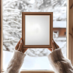 mock up image of a womans hand holding up an vertical wooden picture frame a blank white poste inside the photo frame big window behind the frame seeing the snow ou
